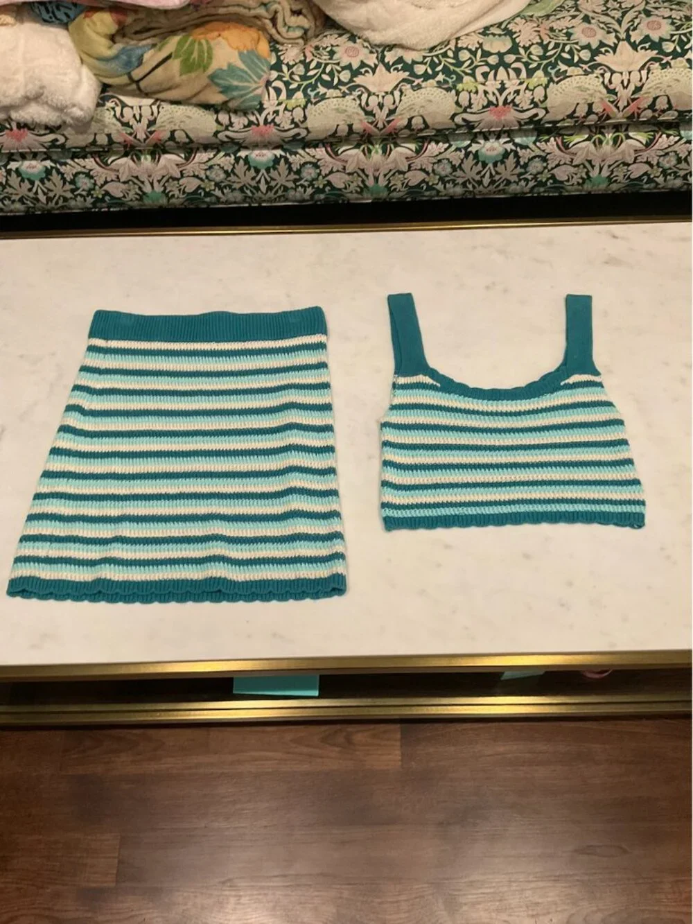 Wild Fable Teal & Cream Striped Knit Tank & Mini Skirt Set
